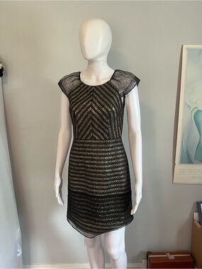 Phoebe Couture Black and Gold Striped Cap-Sleeve Mini Dress
